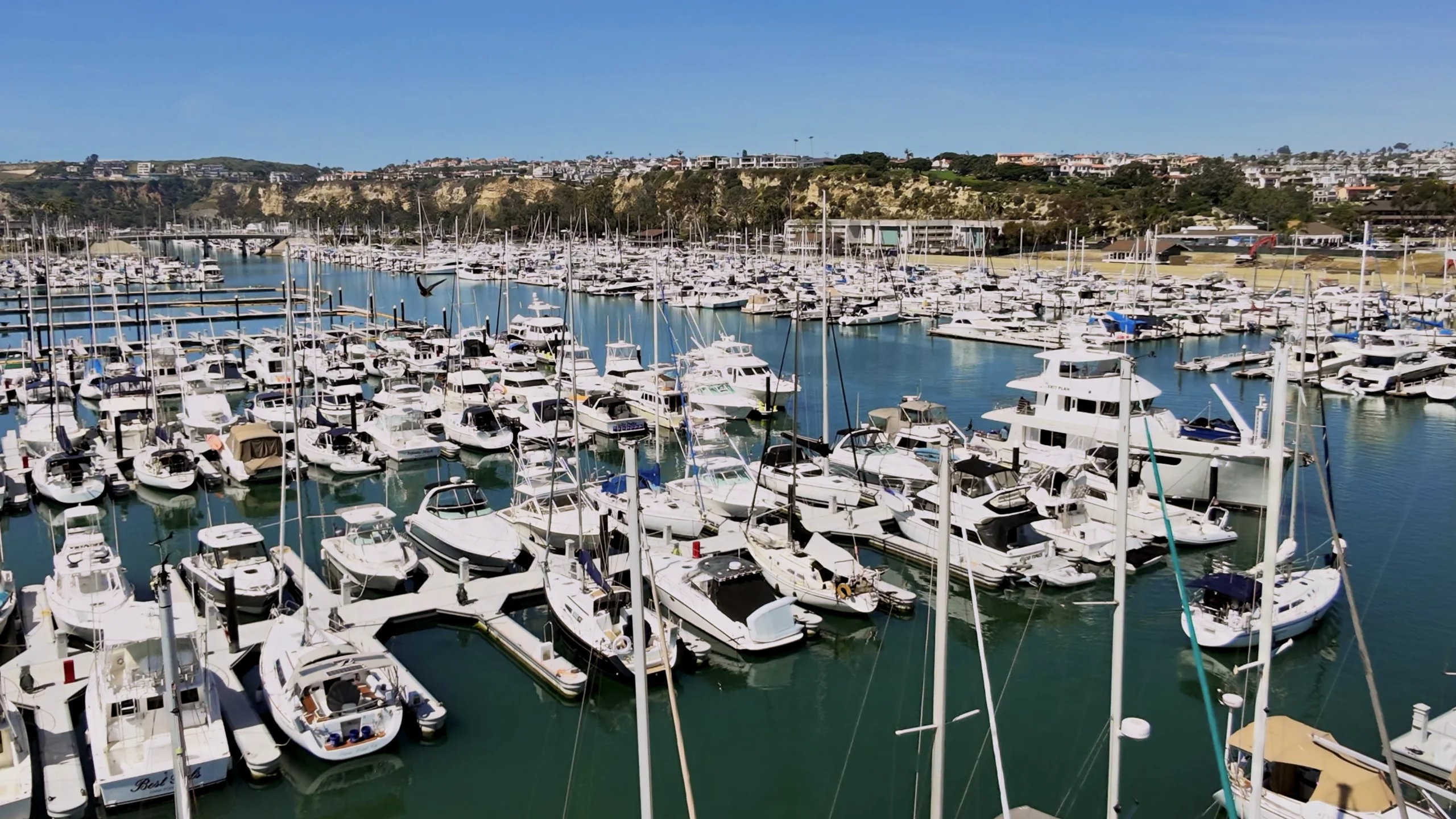 Aerial view of a yacht in a marina